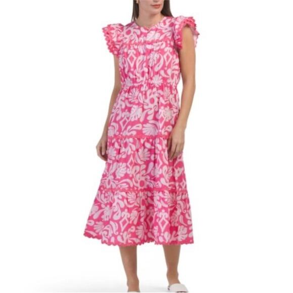 Sail to Sable Dresses & Skirts - Sail to Sable Pink and White Ric Rac Tiered Ruffle Sleeve Midi Dress L